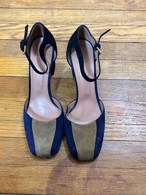 Marni Designer Navy and Olive Suede Two-Tone Ankle-Strap Heels